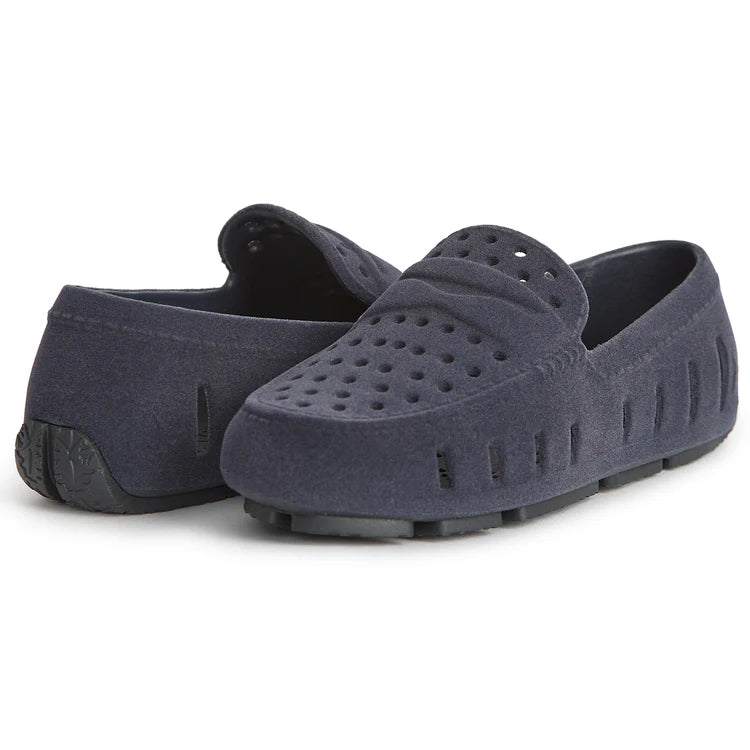 Floafers Prodigy-3.0 navy vegan suede shoe, side profile view, ventilated design with rubber sole