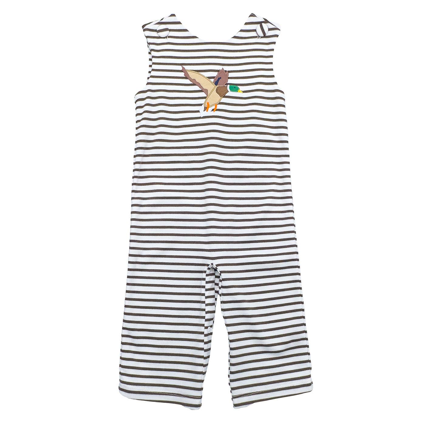 Boys Jack Longall romper in Mallard with appliqué design and striped pattern, snap seat closure