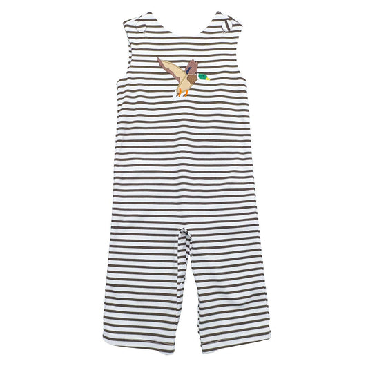 Boys Jack Longall romper in Mallard with appliqué design and striped pattern, snap seat closure
