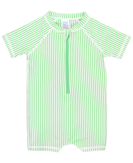 RuggedButts - Baby Boys Spring Green Seersucker Short Sleeve One Piece Rash Guard Swimsuit
