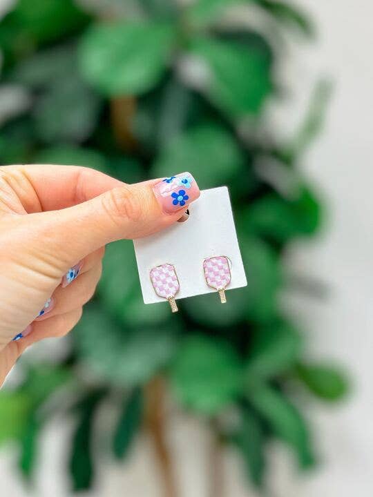 Pink check enamel pickleball stud earrings, 0.75 inch, lead-nickel compliant