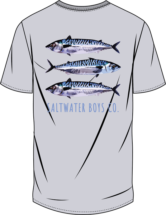 Spanish Mackerel short-sleeve graphic tee in grey with signature pocket detail, Saltwater Boys