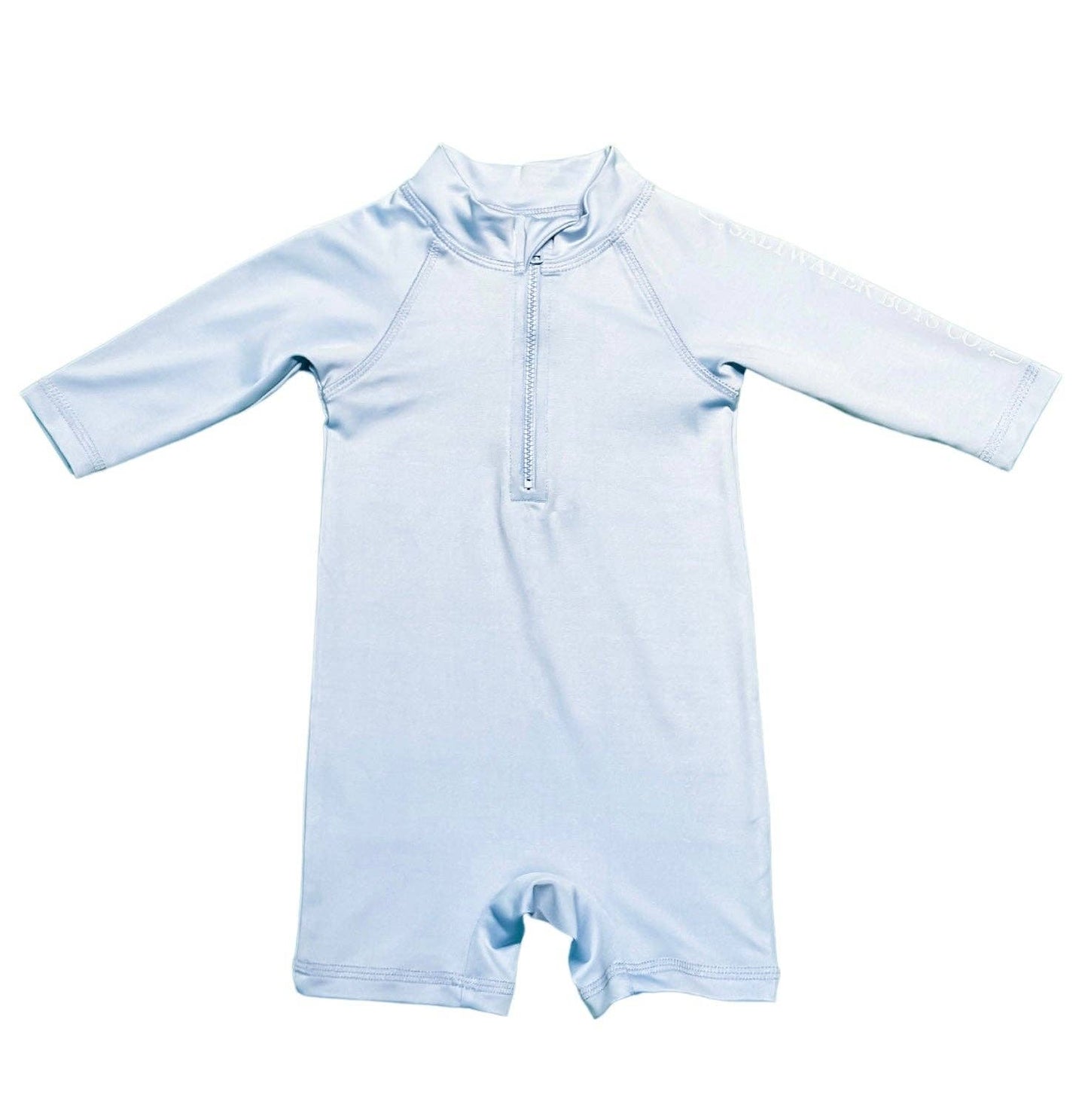 Light blue Tybee Rashguard Baby Romper with zip neck by Saltwater Boys