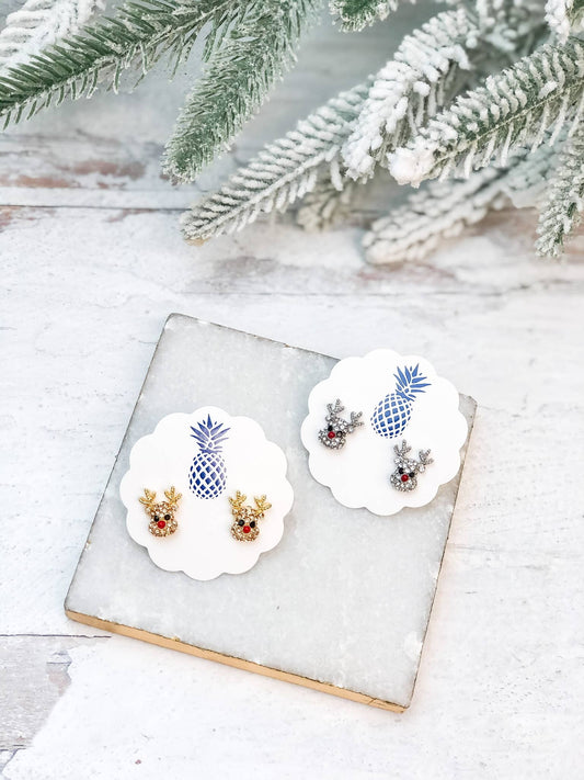 Rudolph Reindeer Glitzy Studs: Gold