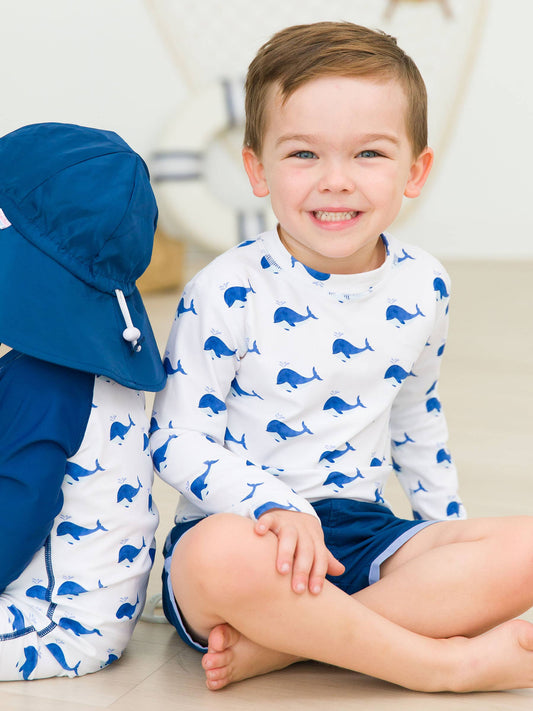 Boys long sleeve whale print rash guard with UPF 50+ sun protection
