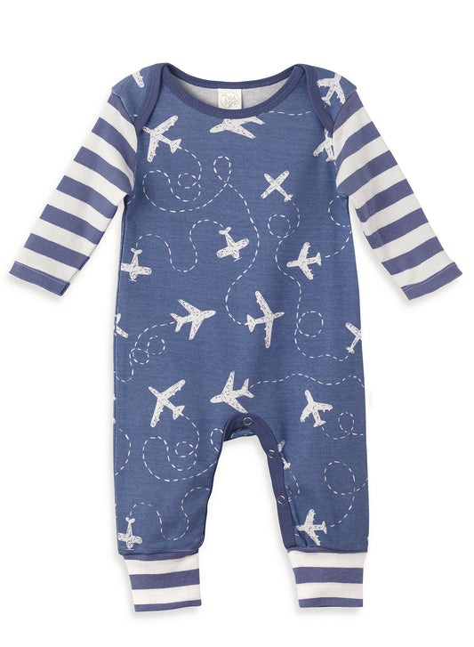 Tesa Babe long-sleeve romper in 100% cotton with refined airplane pattern