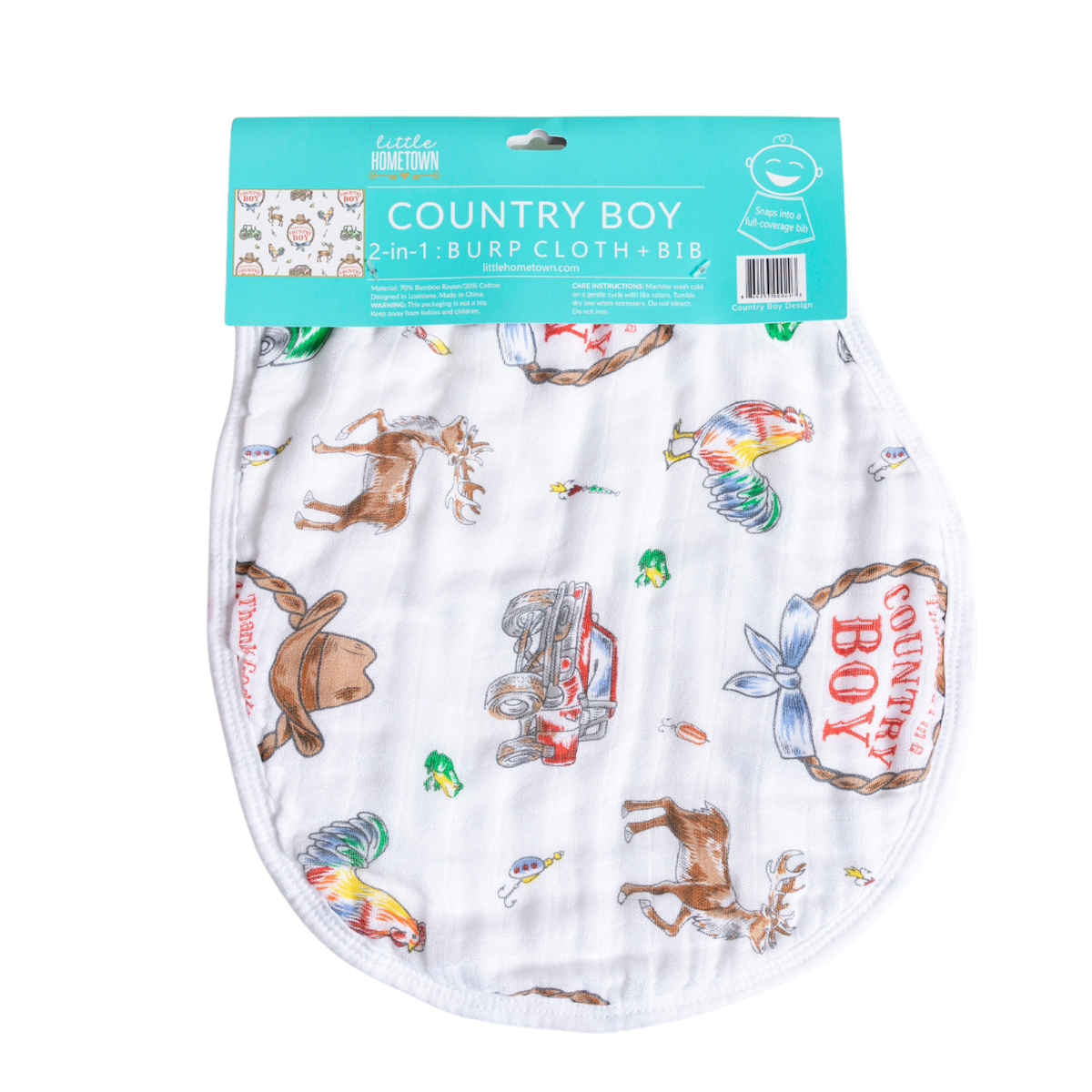 Country Boy 2 in 1 burp cloth and bib combo in soft muslin bamboo organic cotton blend by Little Hometown