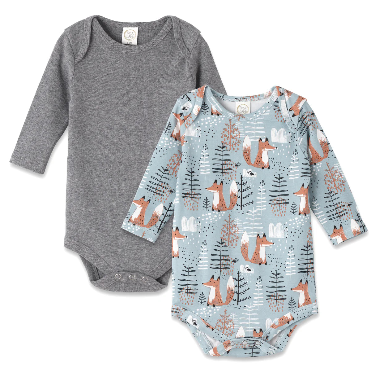 Two long sleeve bodysuits: aqua foxy forest print blend and solid gray cotton with snap closures