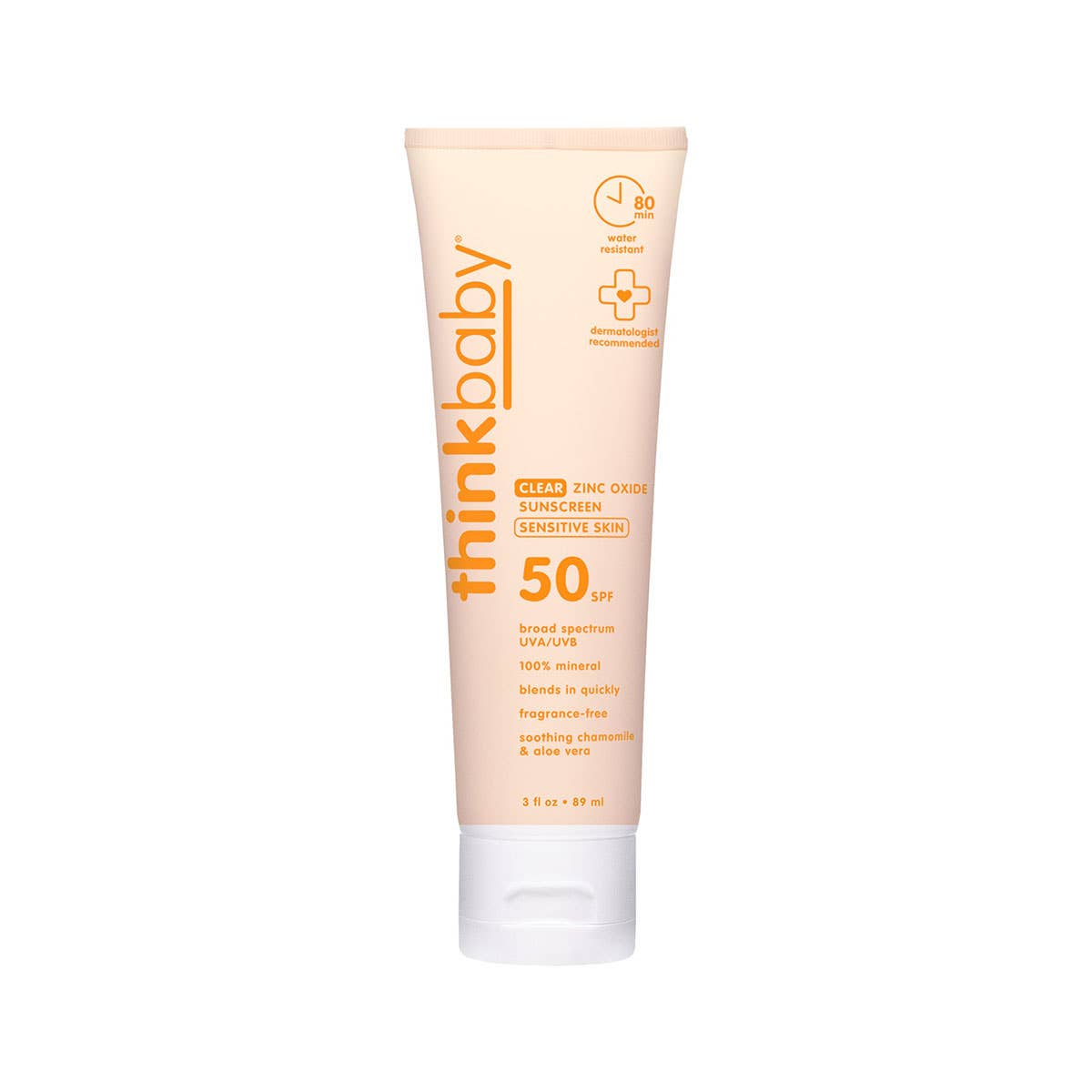 Thinkbaby Clear Zinc Sunscreen SPF 50 bottle with mineral zinc oxide formula for sensitive skin