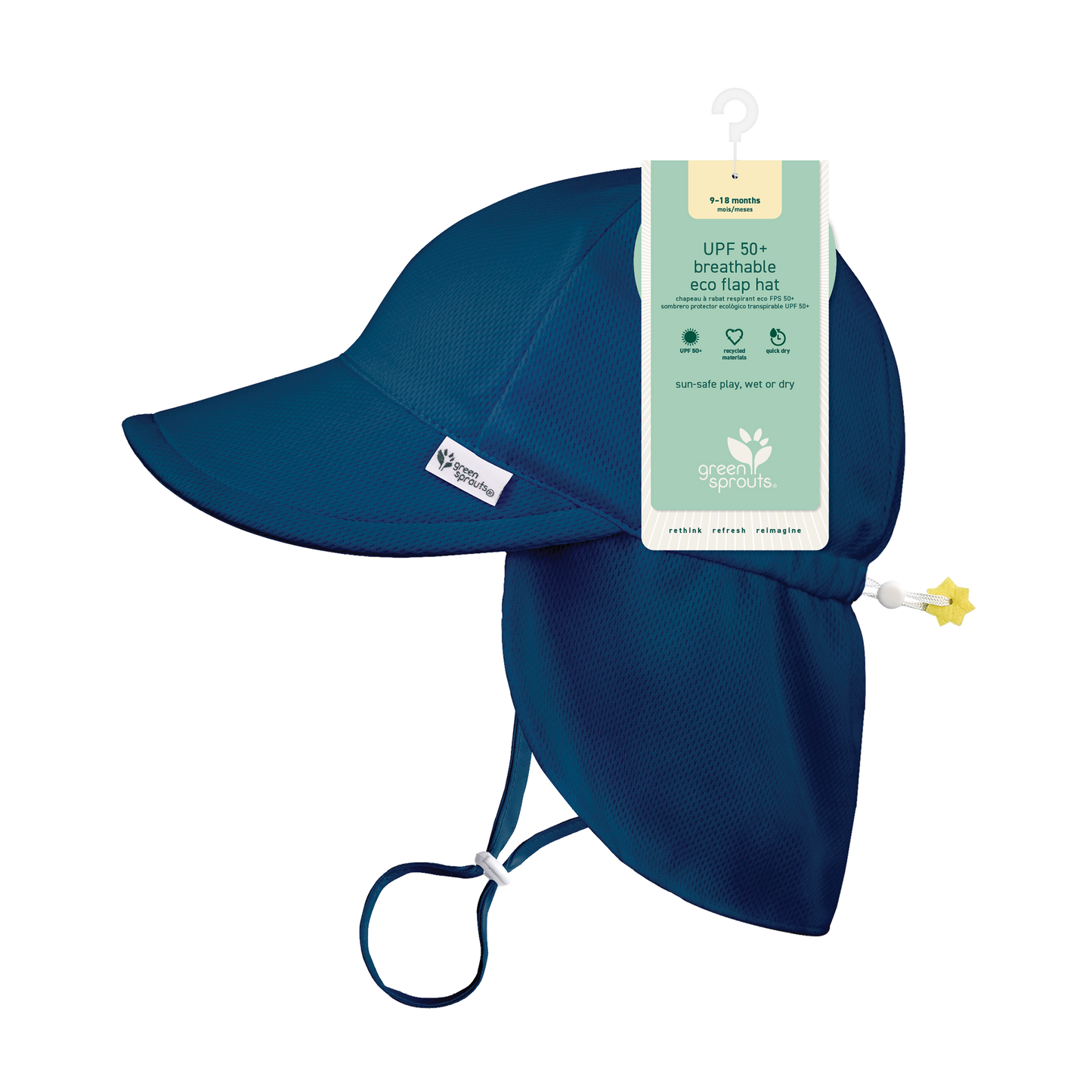 Navy UPF 50+ eco flap hat with extended neck coverage, adjustable chin strap, and breakaway clasp