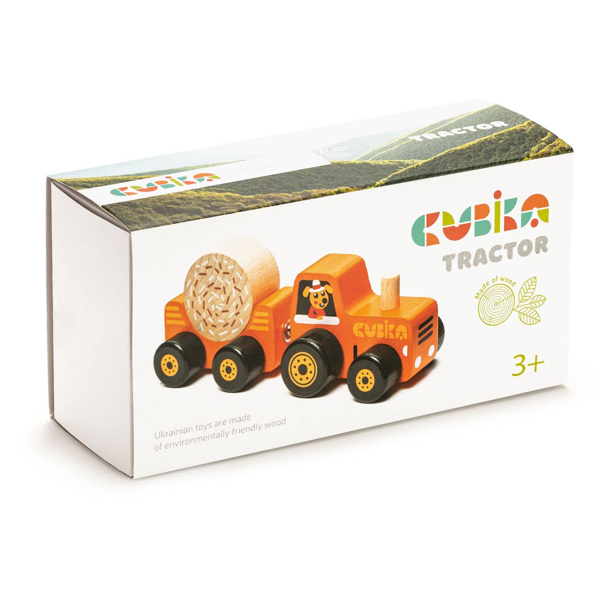 Cubika wooden toy tractor with three magnetic components, polished organic wood, natural finish
