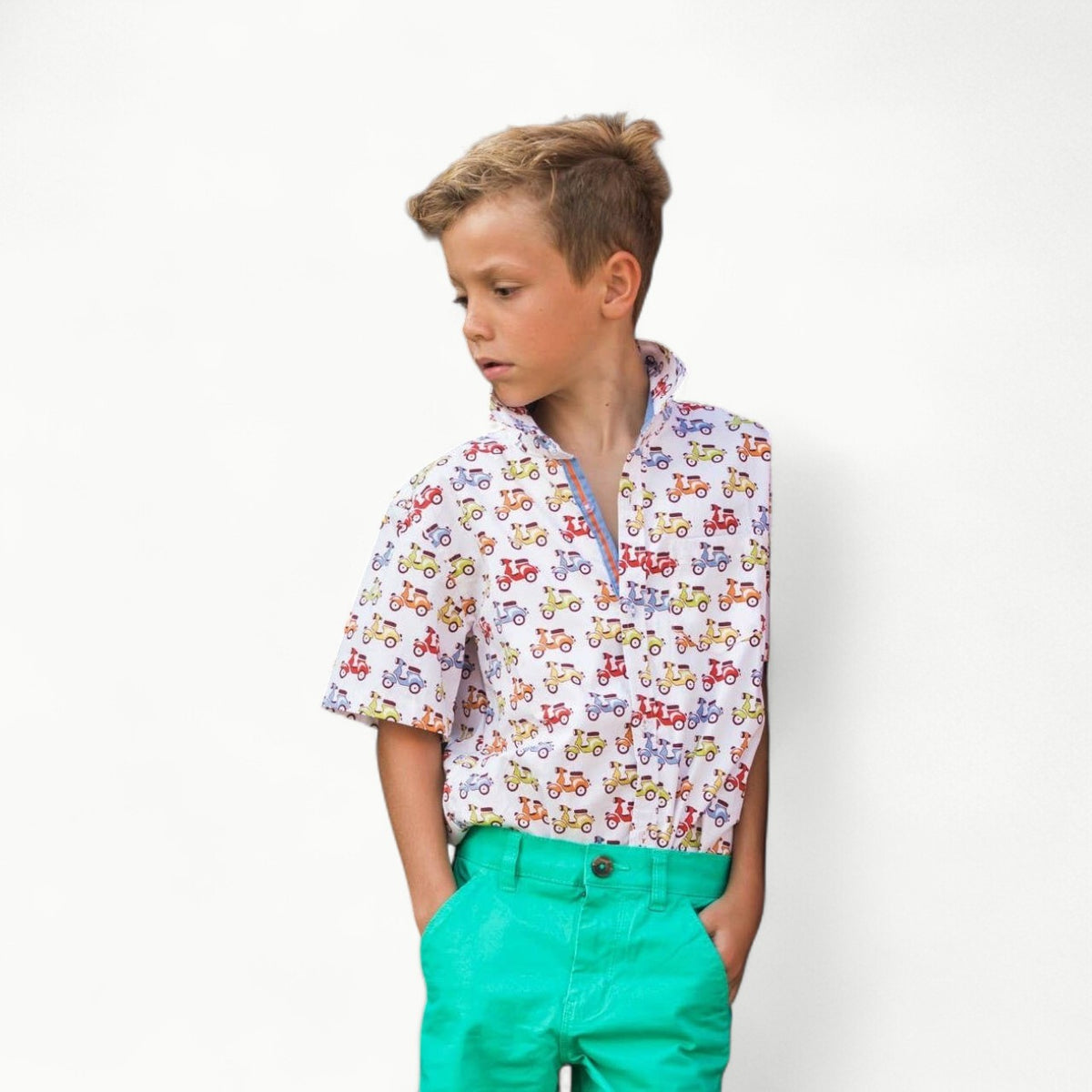 TukTuk Designs Zippy Scooters short sleeve shirt in 100% cotton with detailed collar, cuff, and placket
