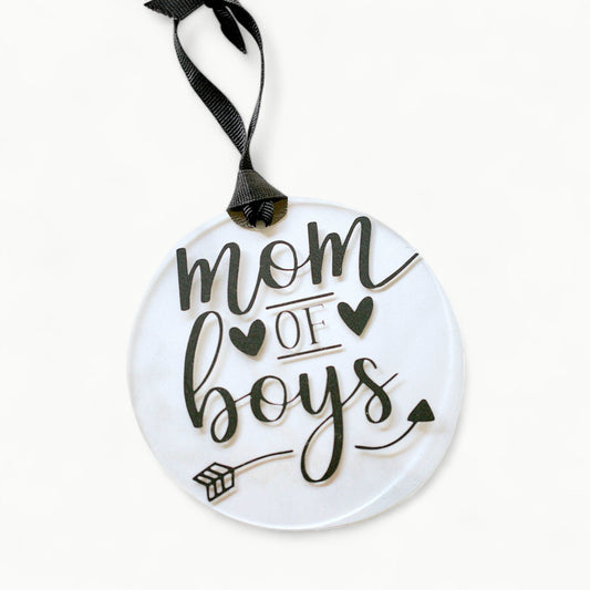 Clear acrylic Mom Of Boys ornament with black ribbon, 4 inches diameter, by Younique Ornaments