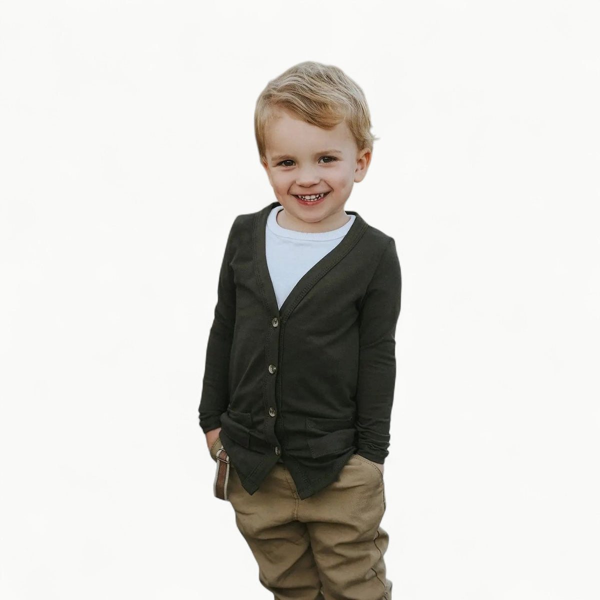 Dark olive cardigan in 100% cotton by Woodmouse & Thistle