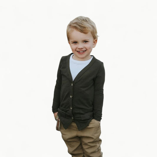 Dark olive cardigan in 100% cotton by Woodmouse & Thistle