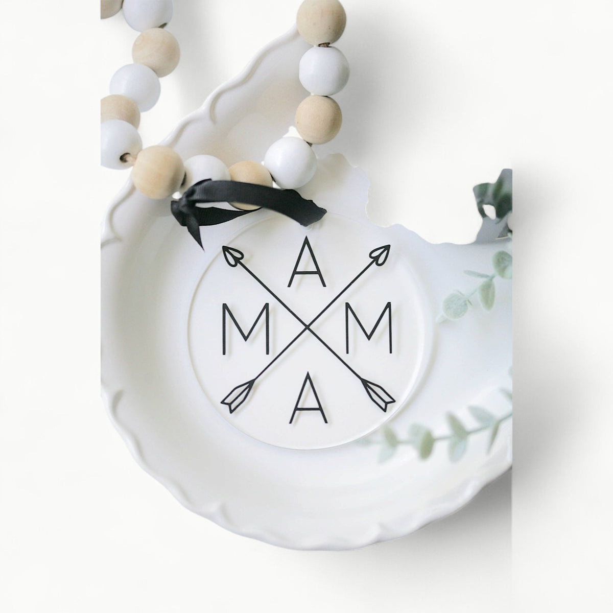 Mama Arrow Acrylic Ornament, 4-inch clear acrylic with vinyl detail, black ribbon