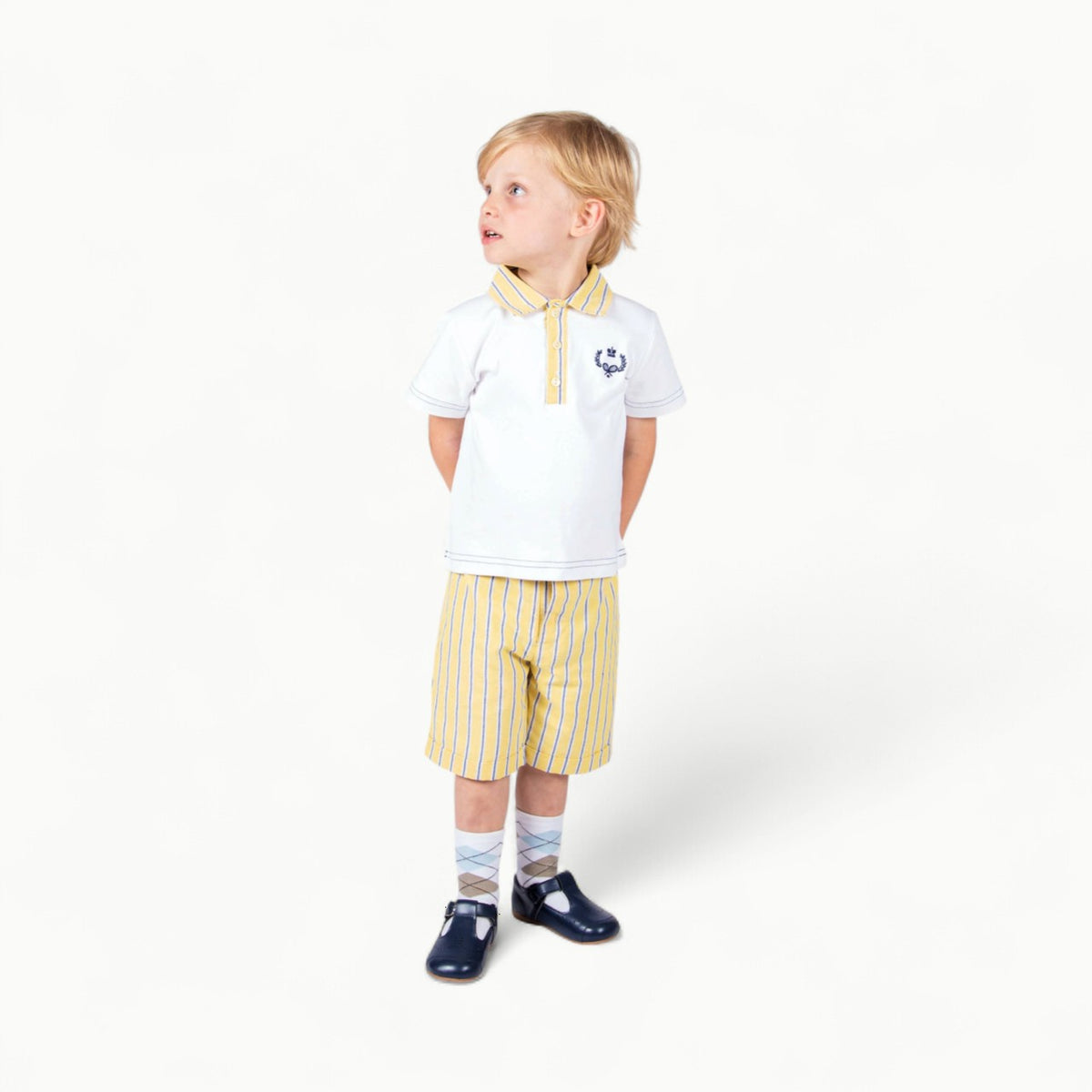 Beau Kid yellow and blue striped polo shirt with matching yellow shorts, two-piece set for boys