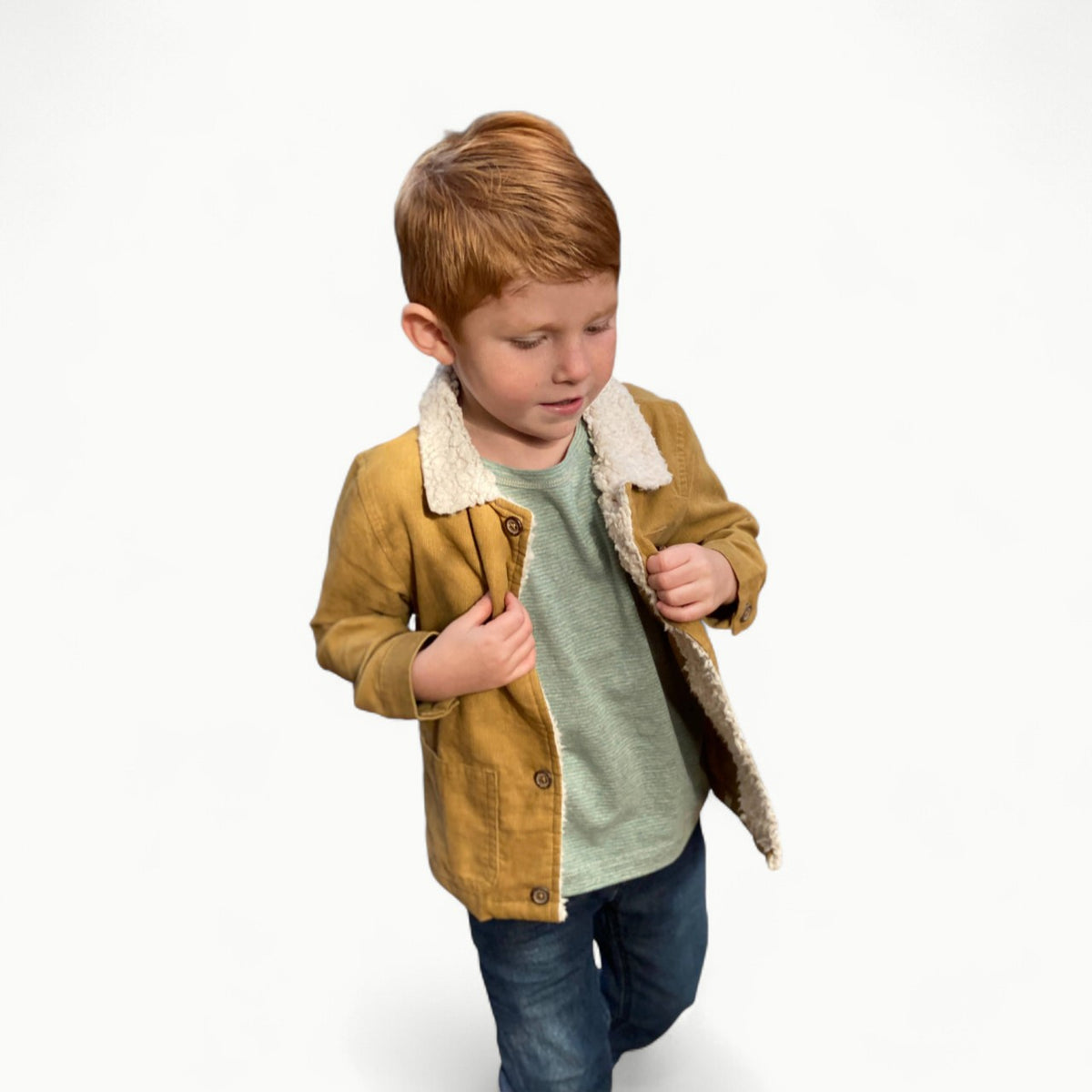 Me & Henry Gold Cord Jacket in warm gold corduroy with faux sherpa fleece collar detail