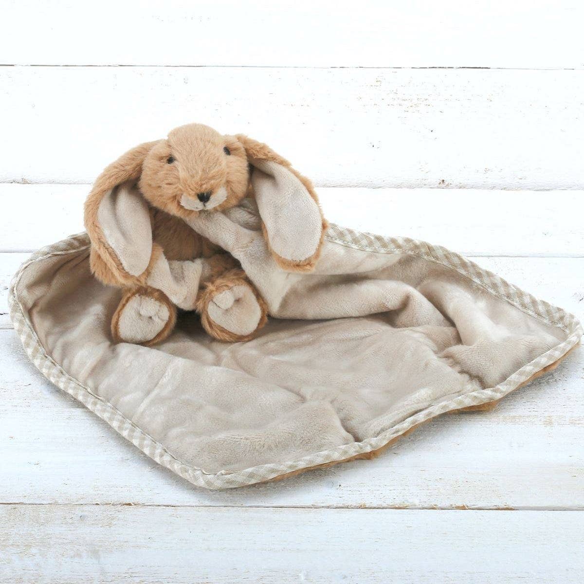 Jomanda brown bunny plush baby comforter blanket with attached toy, 29cm square