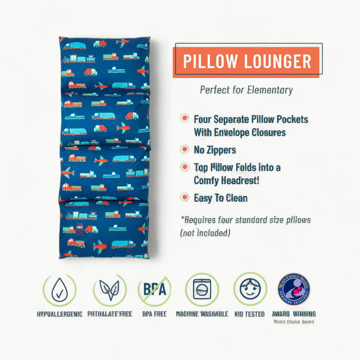 Wildkin Transportation Pillow Lounger in soft cotton-polyester blend with playful pattern