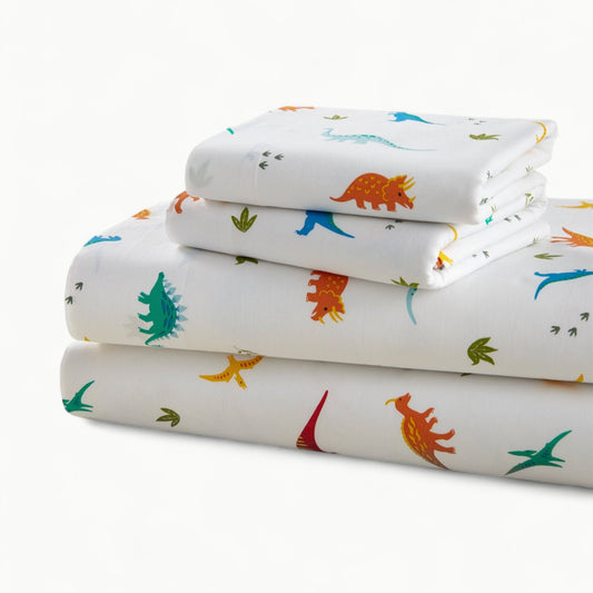 Wildkin Jurassic Dinosaurs Sheet Set in 100% cotton, toddler size, with coordinating dinosaur print design