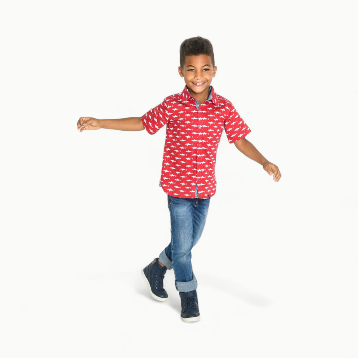 Red Mako Shark shirt by TukTuk Designs with detailed collar and cuff work
