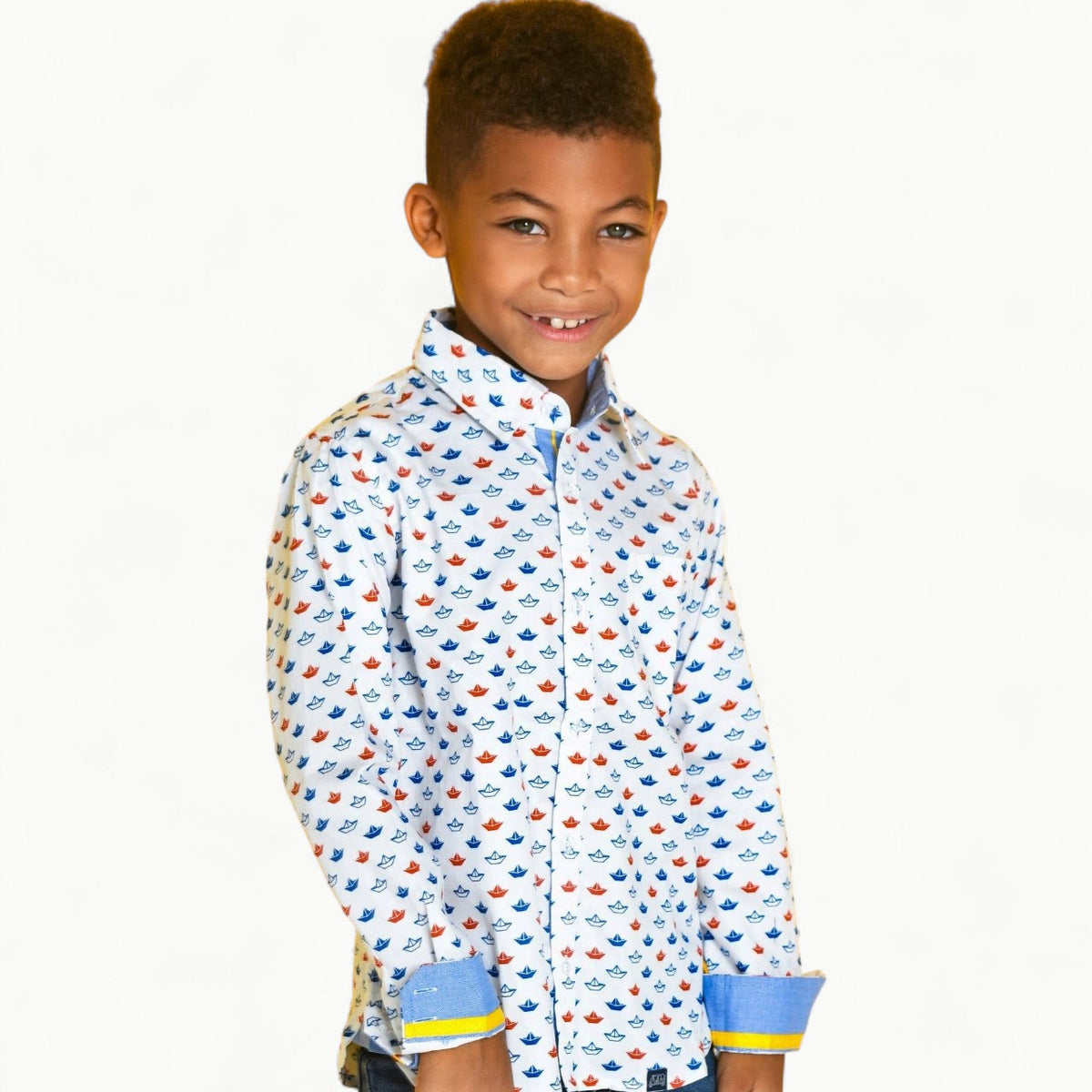 Red and blue origami sailboat shirt by TukTuk Designs with detailed collar and placket