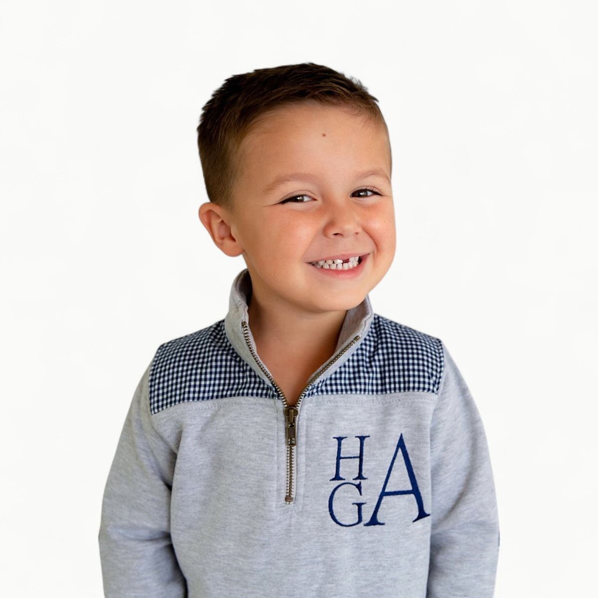 Youth 1/4 zip Miller Pullover in grey with navy gingham shoulder and elbow trim detail