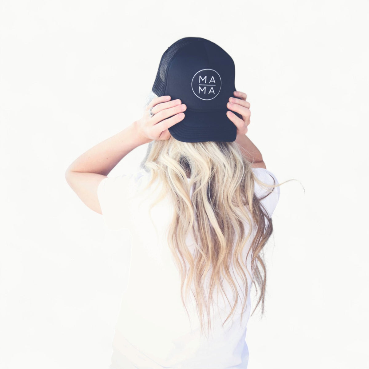 Circle Mama Trucker Hat in black, white, and grey with adjustable double plastic tab back closure