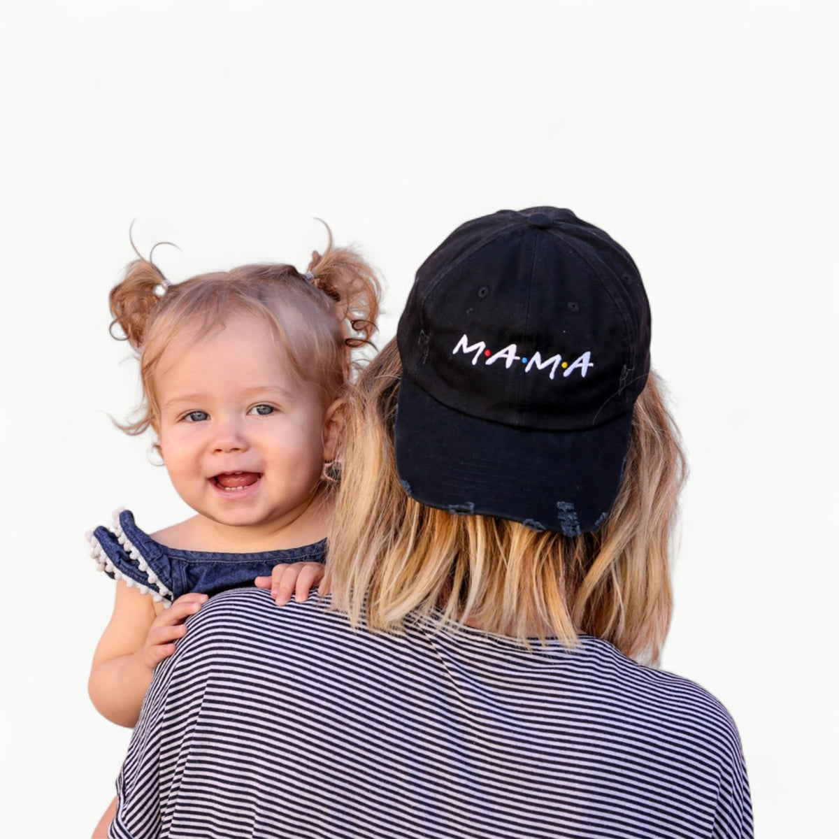 Black distressed cotton baseball hat with embroidered Mama design and adjustable strap