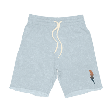 Mineral stone blue cotton sweat shorts by Tiny Whales, flat lay