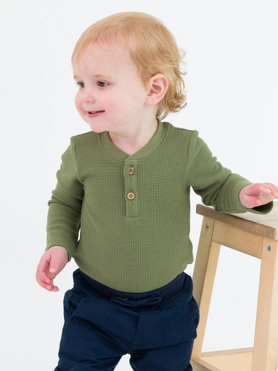 Rugged Butts Waffle Knit Henley Bodysuit - Dusty Olive