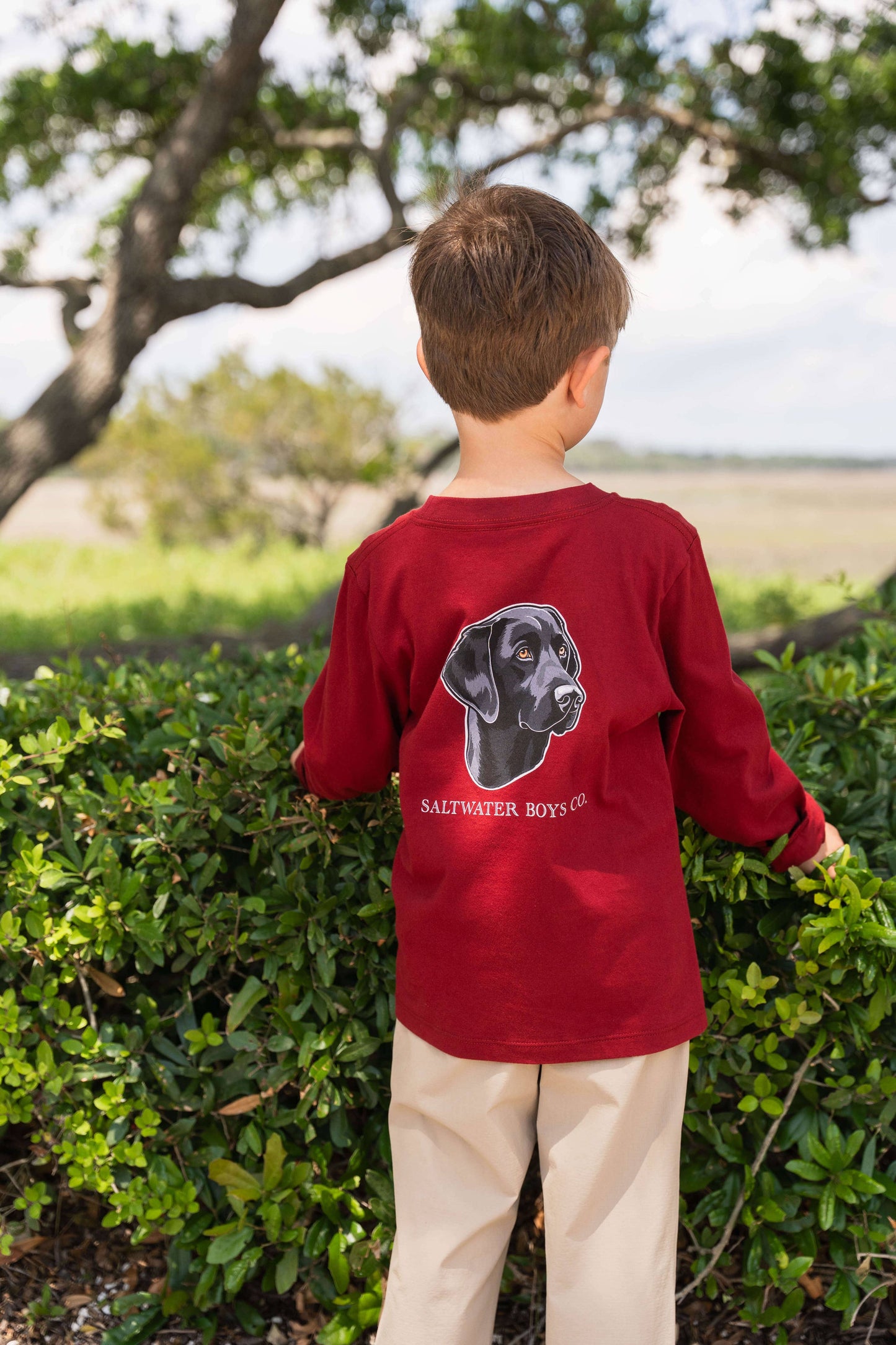 Black Lab Tee in Maroon by Saltwater Boys, long-sleeve cotton graphic tee