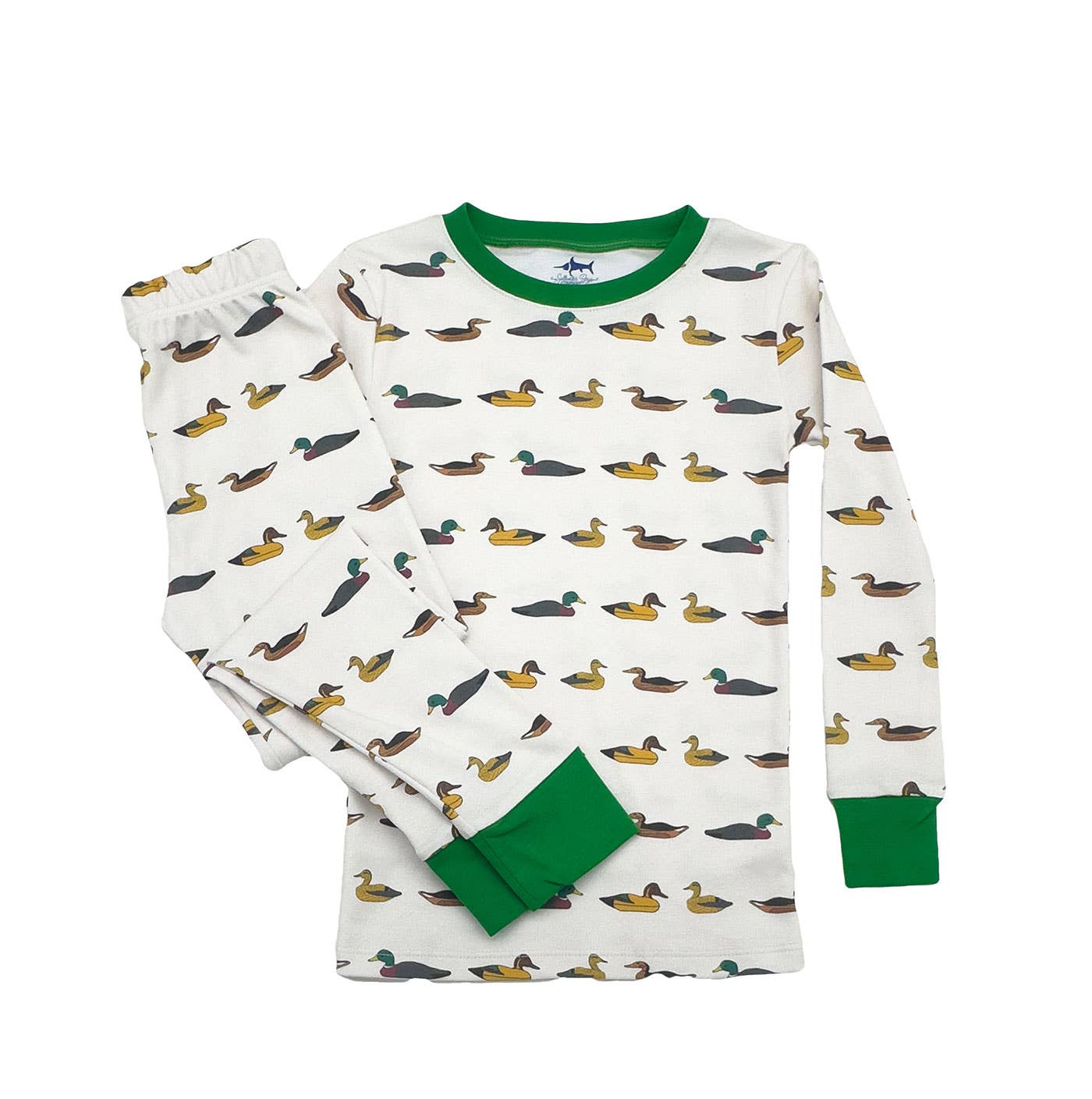 Jekyll two-piece Pima pajamas in Mallards pattern with subtle camo and hidden fish detail