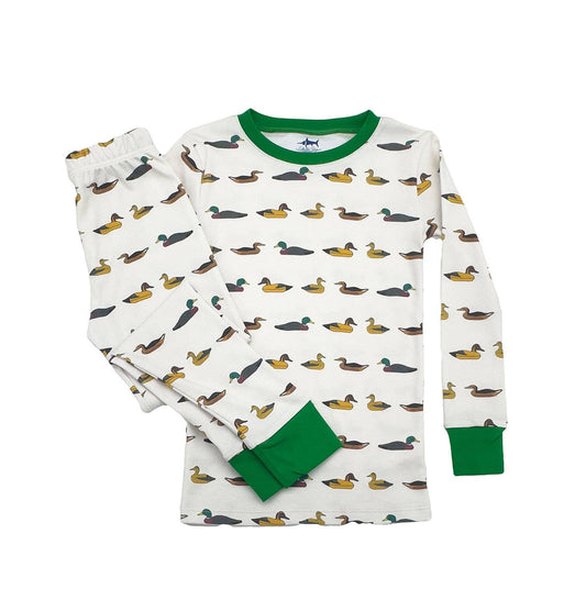 Jekyll two-piece Pima pajamas in Mallards pattern with subtle camo and hidden fish detail