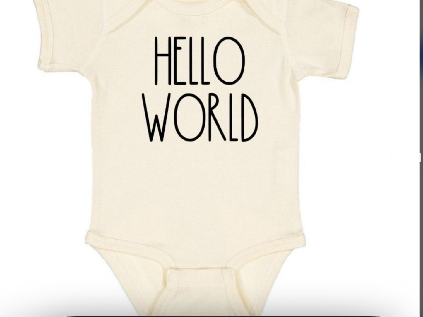 Hello World Natural short-sleeve bodysuit by Sweet Wink with black hand-pressed lettering and snap closures