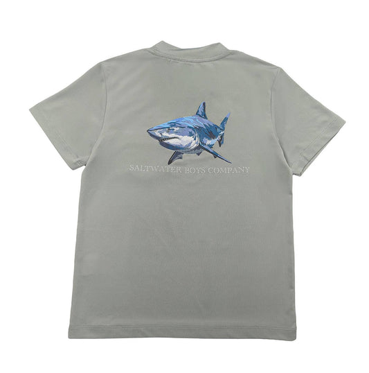 Saltwater Boys Great White Performance Tee in grey, UPF 50+ sun-protective fabric