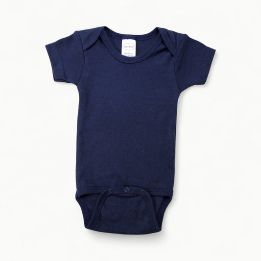 Navy 100% cotton interlock one-piece by Bambini Infant Wear with short sleeves and ribbed leg openings