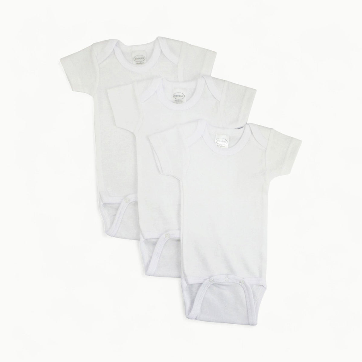 Bambini white short sleeve one-piece in 100% cotton rib knit with expandable shoulder neckline