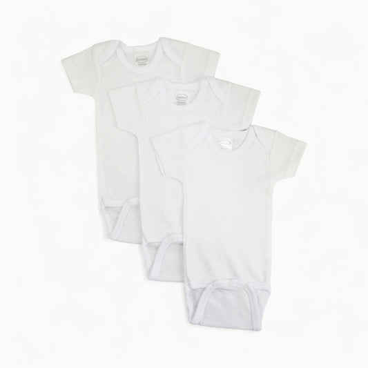 Bambini white short sleeve one-piece in 100% cotton rib knit with expandable shoulder neckline