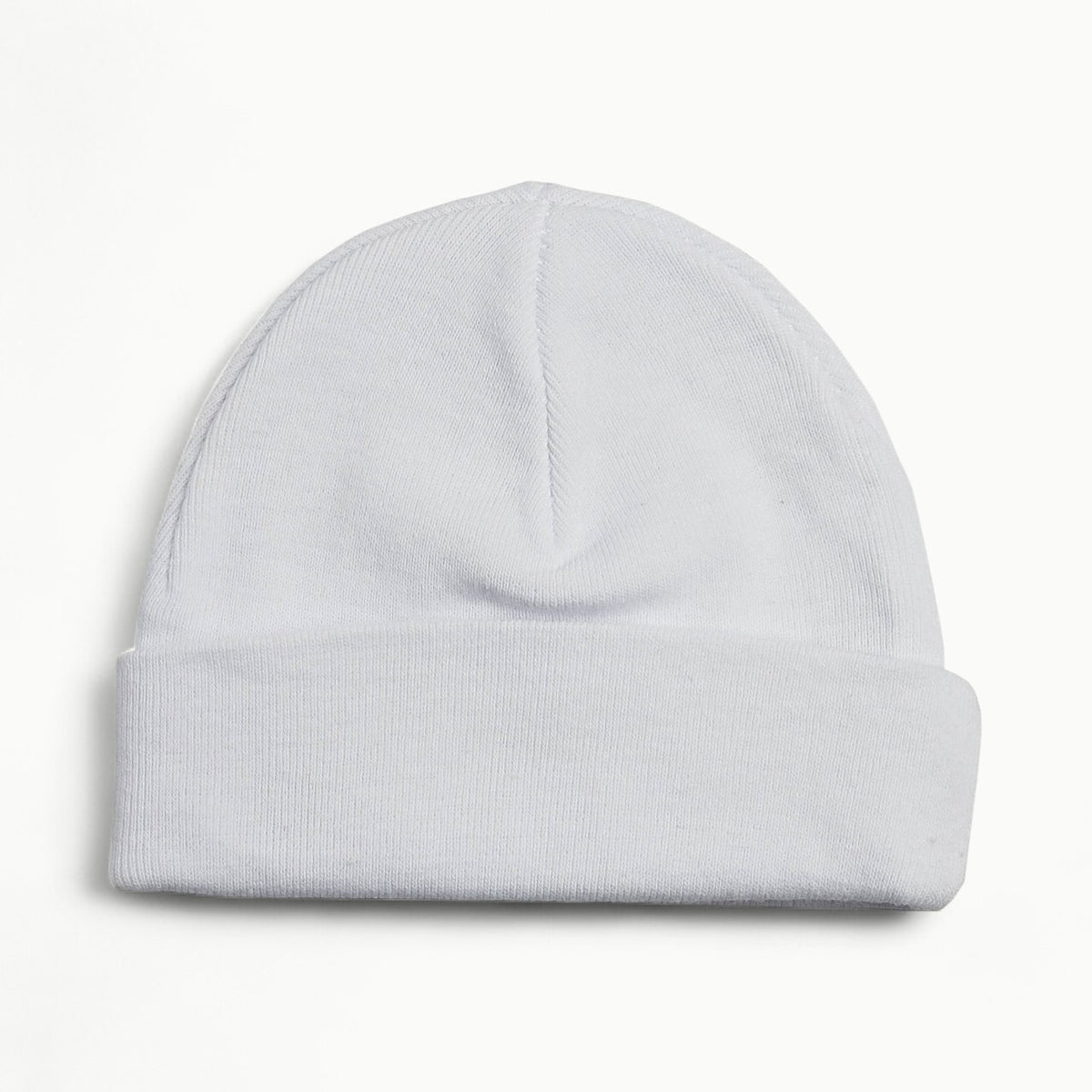 White 100% cotton baby cap by Bambini Infant Wear with gentle stretch rib knit construction