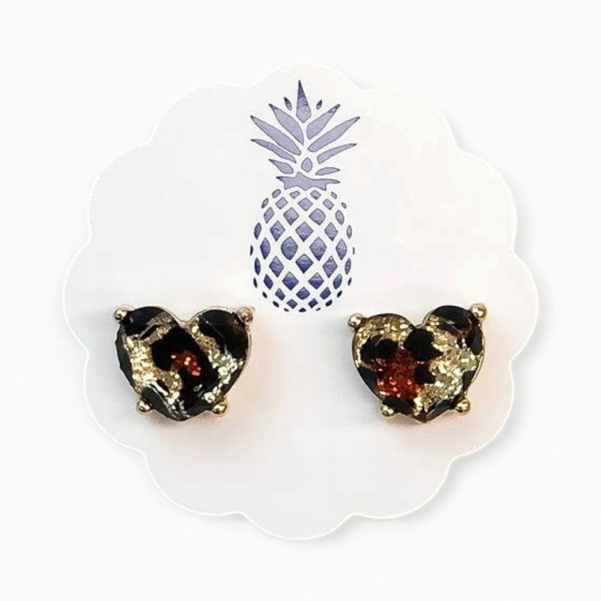 Leopard glitter heart stud earrings, nickel-free posts, by Prep Obsessed Wholesale