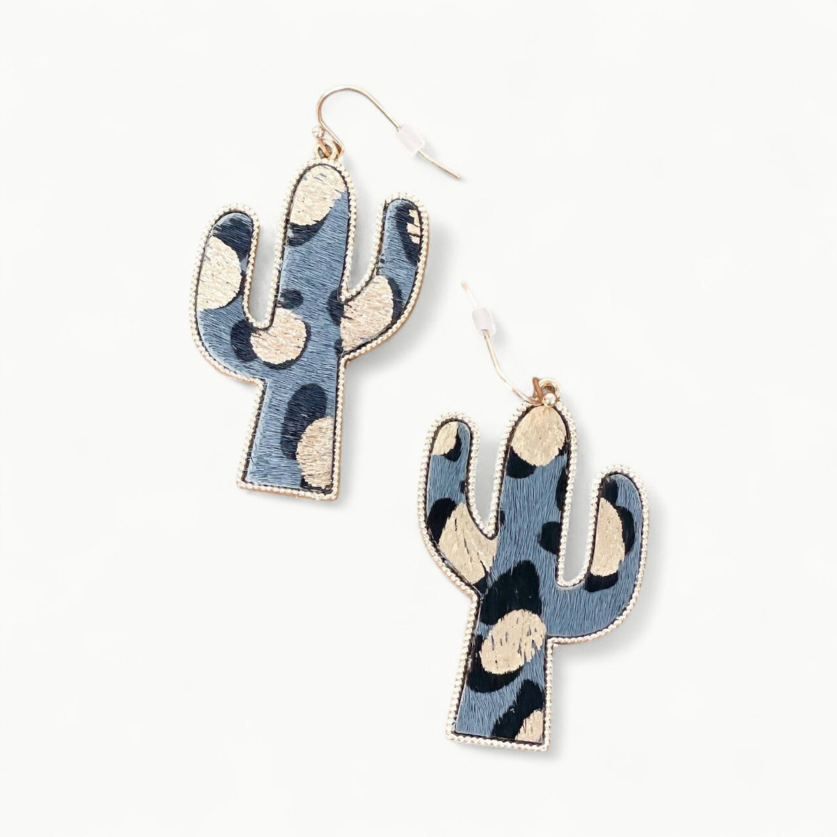 Textured gold metallic cactus-shaped dangle earrings in genuine leather