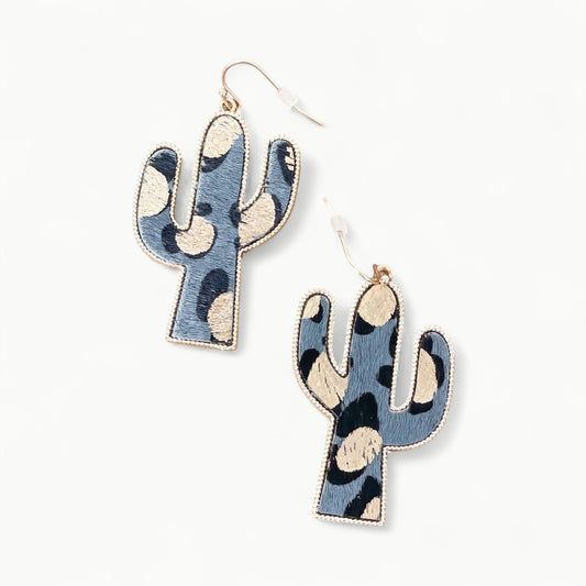 Textured gold metallic cactus-shaped dangle earrings in genuine leather