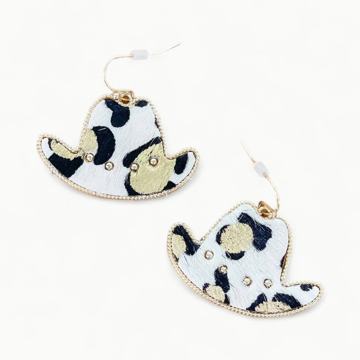 Gold metallic textured leather cowboy hat dangle earrings, 1.5 inch length