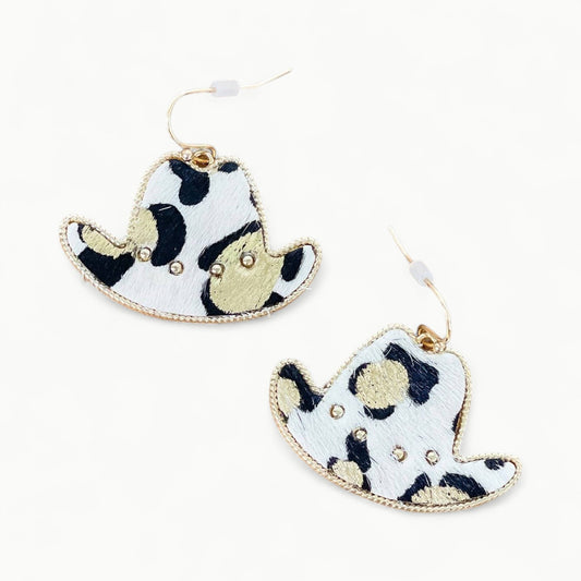 Gold metallic textured leather cowboy hat dangle earrings, 1.5 inch length