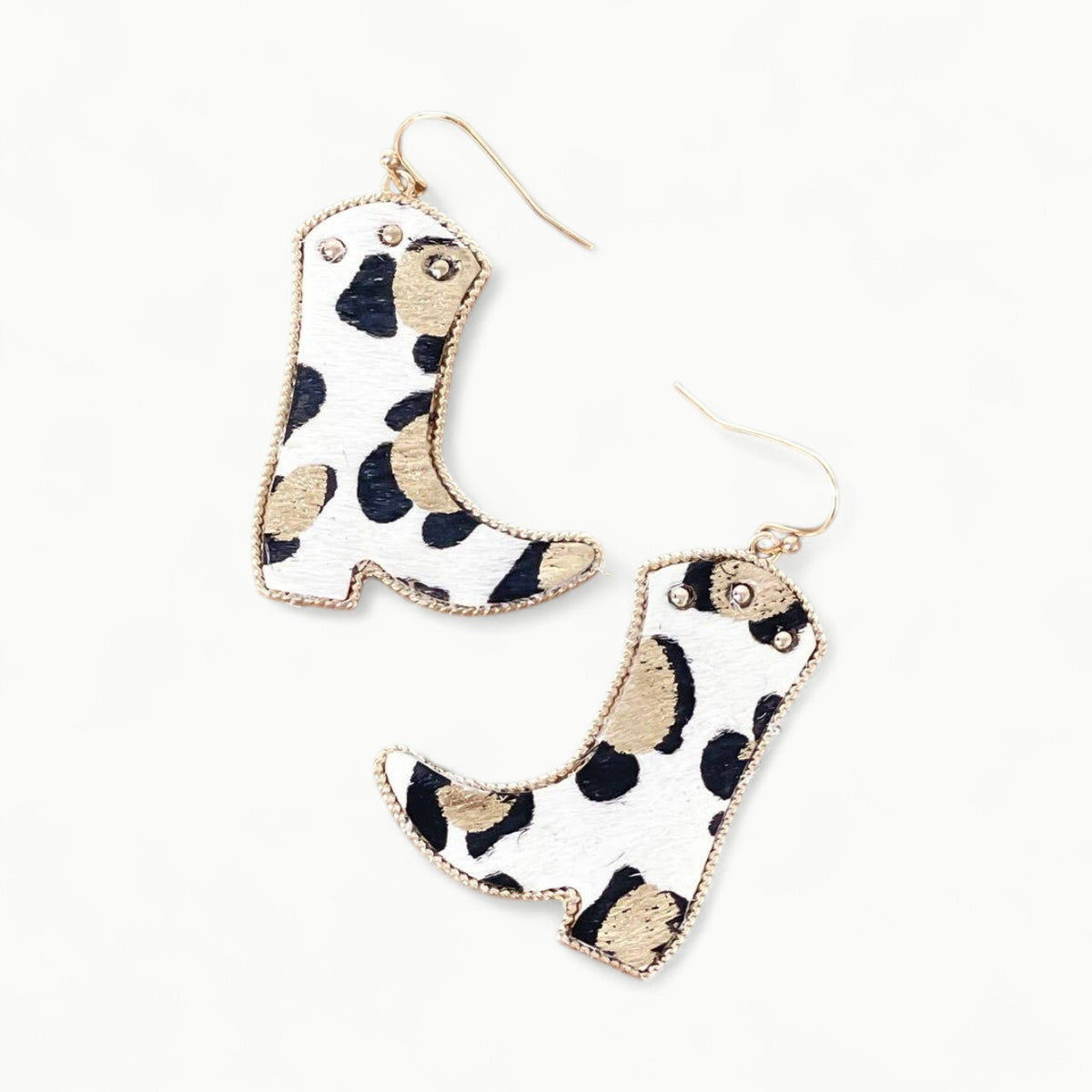 White genuine leather cowboy boot dangle earrings with gold metallic texture, 2 inches, lead nickel compliant