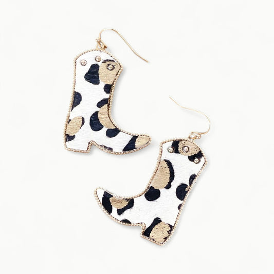 White genuine leather cowboy boot dangle earrings with gold metallic texture, 2 inches, lead nickel compliant