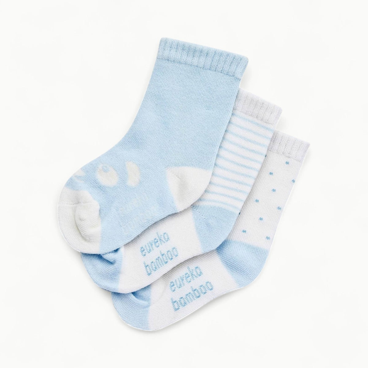 Three pairs of light blue organic bamboo crew-length socks for babies and toddlers by EurekaBamboo