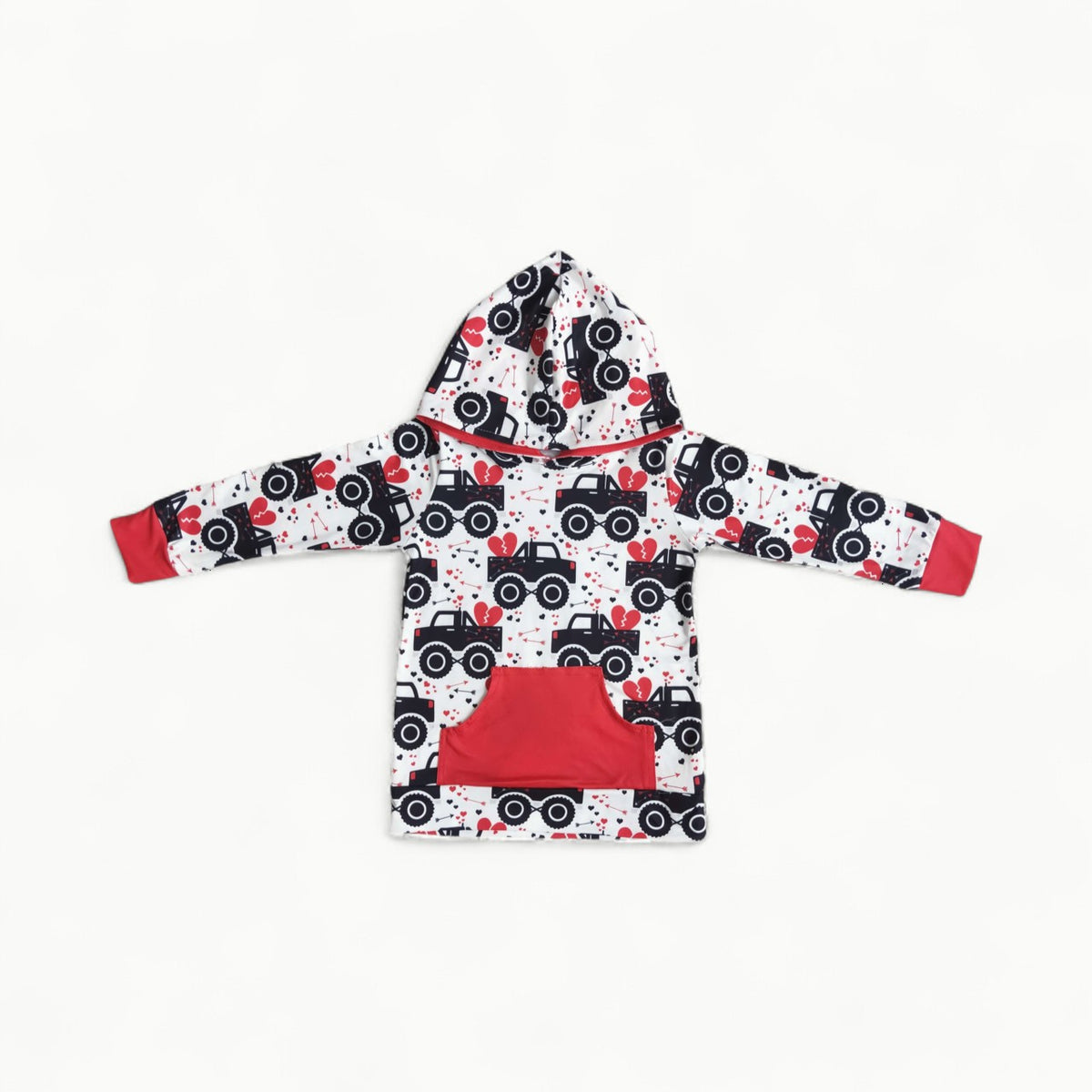 Heart Truck Print Hoodie by Yawoo Garments in silk milk cotton with red cuffs and front pocket
